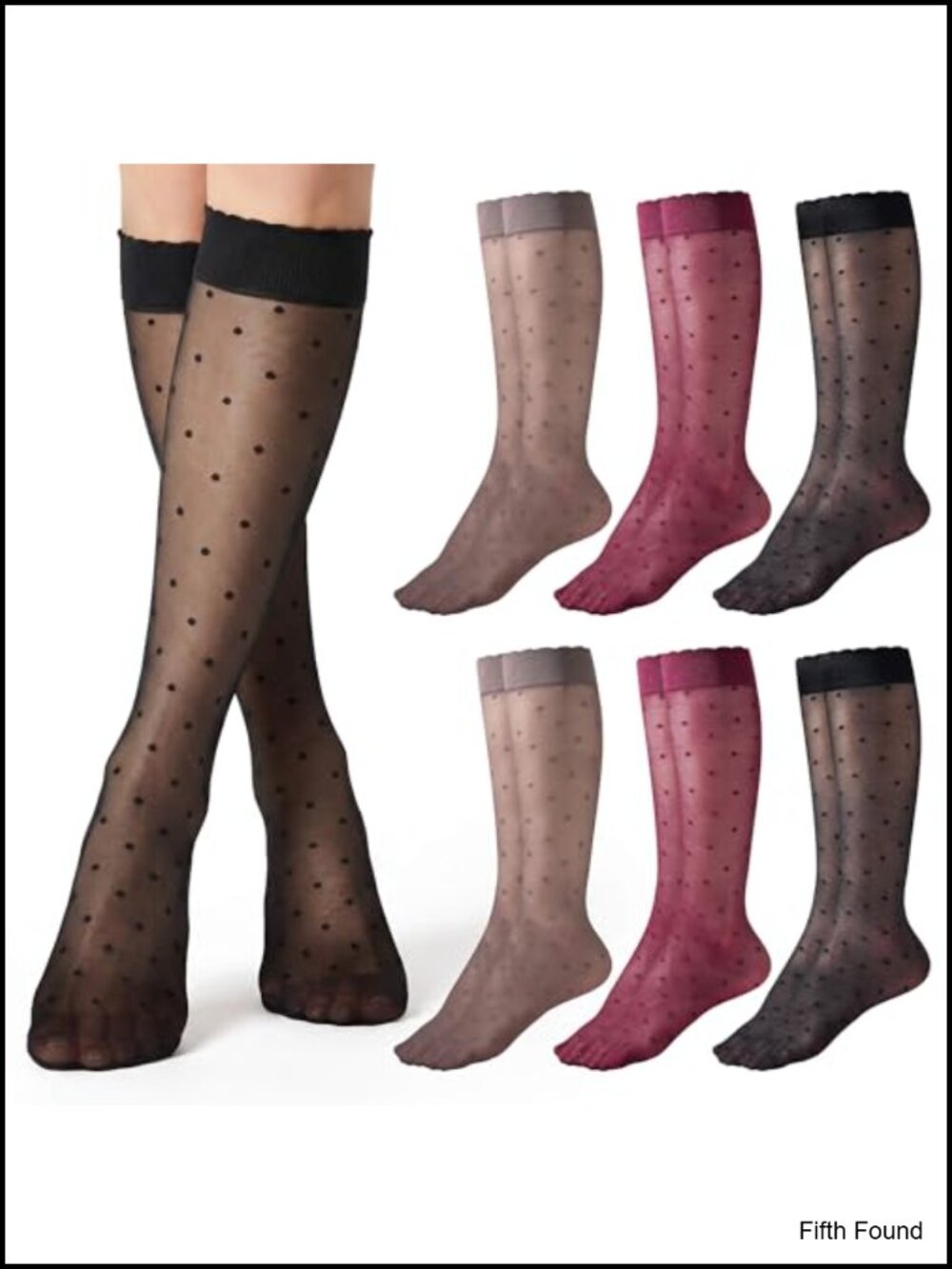 Sheer Nylon Polka Dot Knee High Stockings Soft Cuff 6 Pairs
